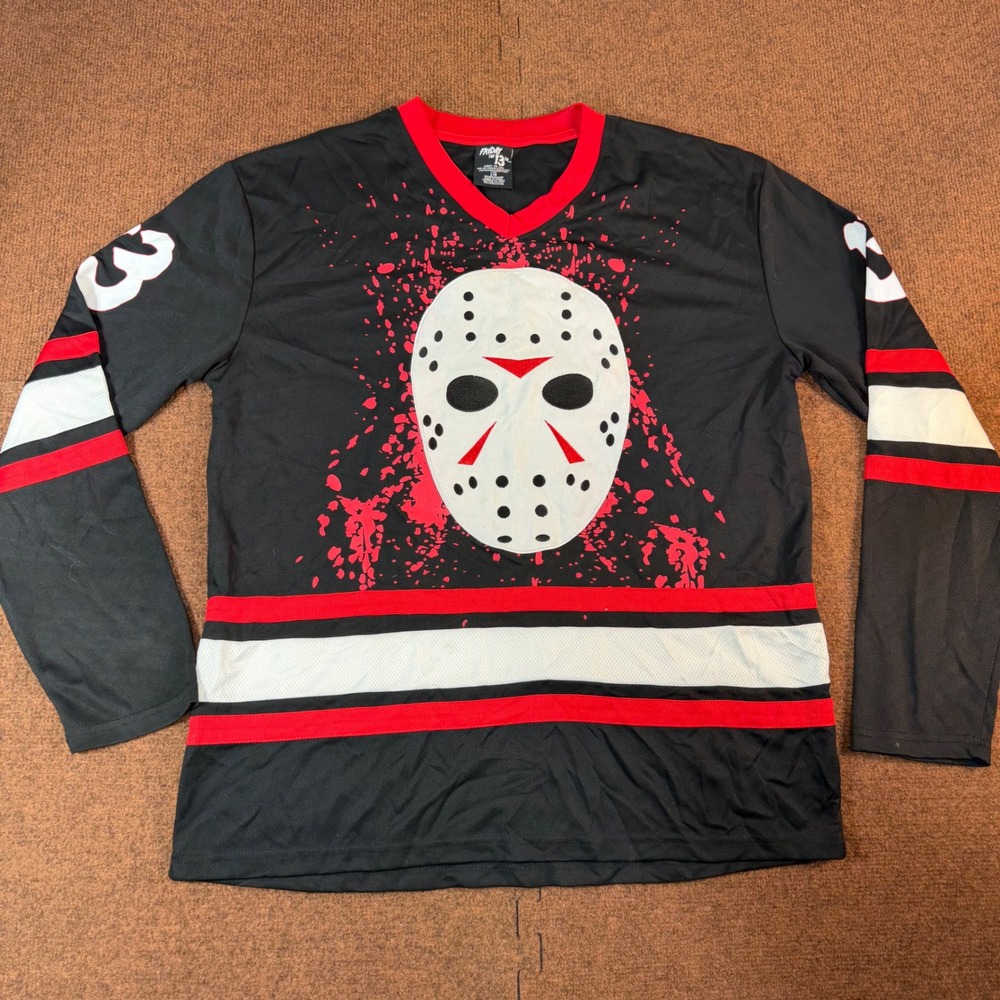 Friday the 13th Jason Voorhees Hockey Jersey Mens Large Black Red Horror 13 L